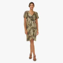 Adrianna Papell Metallic Foil Crinkled Mesh Midi-Length Wrap Dress In Gold Black 9 Adrianna Papell Metallic Foil Crinkled Mesh Midi-Length Wrap Dress In Gold Black -Glam Mirth Sales AP1E210096 AF298 Regular Side