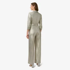 Adrianna Papell Foiled Stretch Jersey Tuxedo Jumpsuit In Light Gold 6 Adrianna Papell Foiled Stretch Jersey Tuxedo Jumpsuit In Light Gold -Glam Mirth Sales AP1E210104 AA267 Regular Back