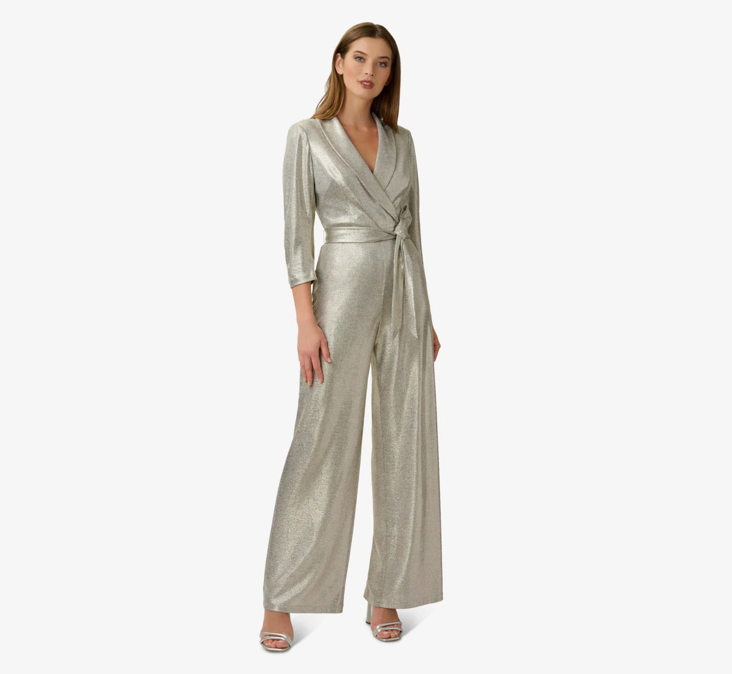 Adrianna Papell Foiled Stretch Jersey Tuxedo Jumpsuit In Light Gold 1 Adrianna Papell Foiled Stretch Jersey Tuxedo Jumpsuit In Light Gold