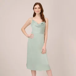 Adrianna Papell Satin Midi-Length Fit-And-Flare Cocktail Dress With Cowl Neck In Willow
