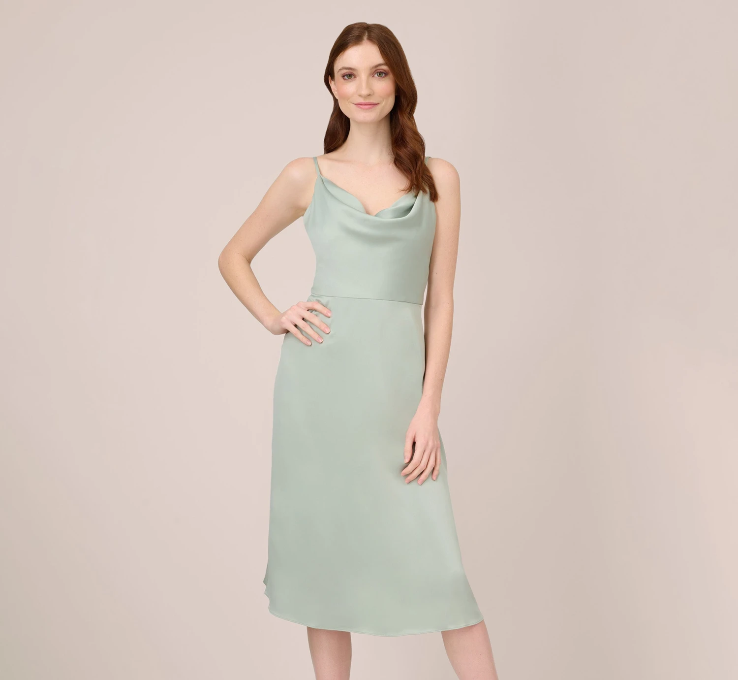 Adrianna Papell Satin Midi-Length Fit-And-Flare Cocktail Dress With Cowl Neck In Willow 1 Adrianna Papell Satin Midi-Length Fit-And-Flare Cocktail Dress With Cowl Neck In Willow
