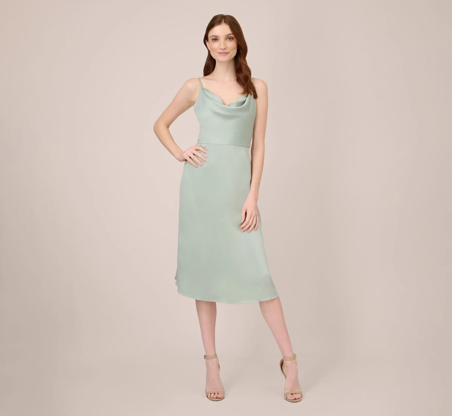 Adrianna Papell Satin Midi-Length Fit-And-Flare Cocktail Dress With Cowl Neck In Willow 2 Adrianna Papell Satin Midi-Length Fit-And-Flare Cocktail Dress With Cowl Neck In Willow - Image 2