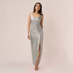 Adrianna Papell Foiled Stretch Jersey Long Column Gown In Light Gold
