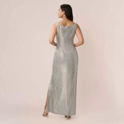 Adrianna Papell Foiled Stretch Jersey Long Column Gown In Light Gold -Glam Mirth Sales AP1E210108 AA267 Regular Back