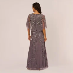 Adrianna Papell Sequin Beaded Gown With Sheer Cape Sleeves In Moonscape -Glam Mirth Sales AP1E210128 AD542 Regular Back