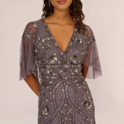 Adrianna Papell Sequin Beaded Gown With Sheer Cape Sleeves In Moonscape -Glam Mirth Sales AP1E210128 AD542 Regular Detail