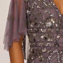 Adrianna Papell Sequin Beaded Gown With Sheer Cape Sleeves In Moonscape -Glam Mirth Sales AP1E210128 AD542 Regular Lifestyle