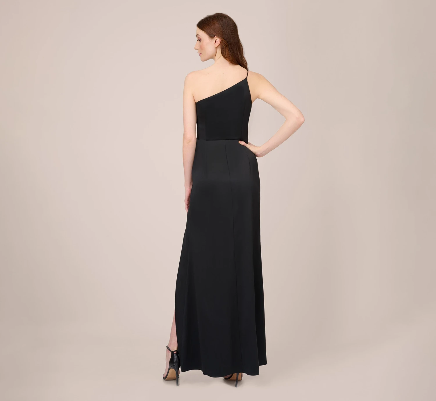 Adrianna Papell Satin Crepe One-Shoulder Long Gown In Black 3 Adrianna Papell Satin Crepe One-Shoulder Long Gown In Black - Image 3