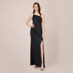 Adrianna Papell Satin Crepe One-Shoulder Long Gown In Black