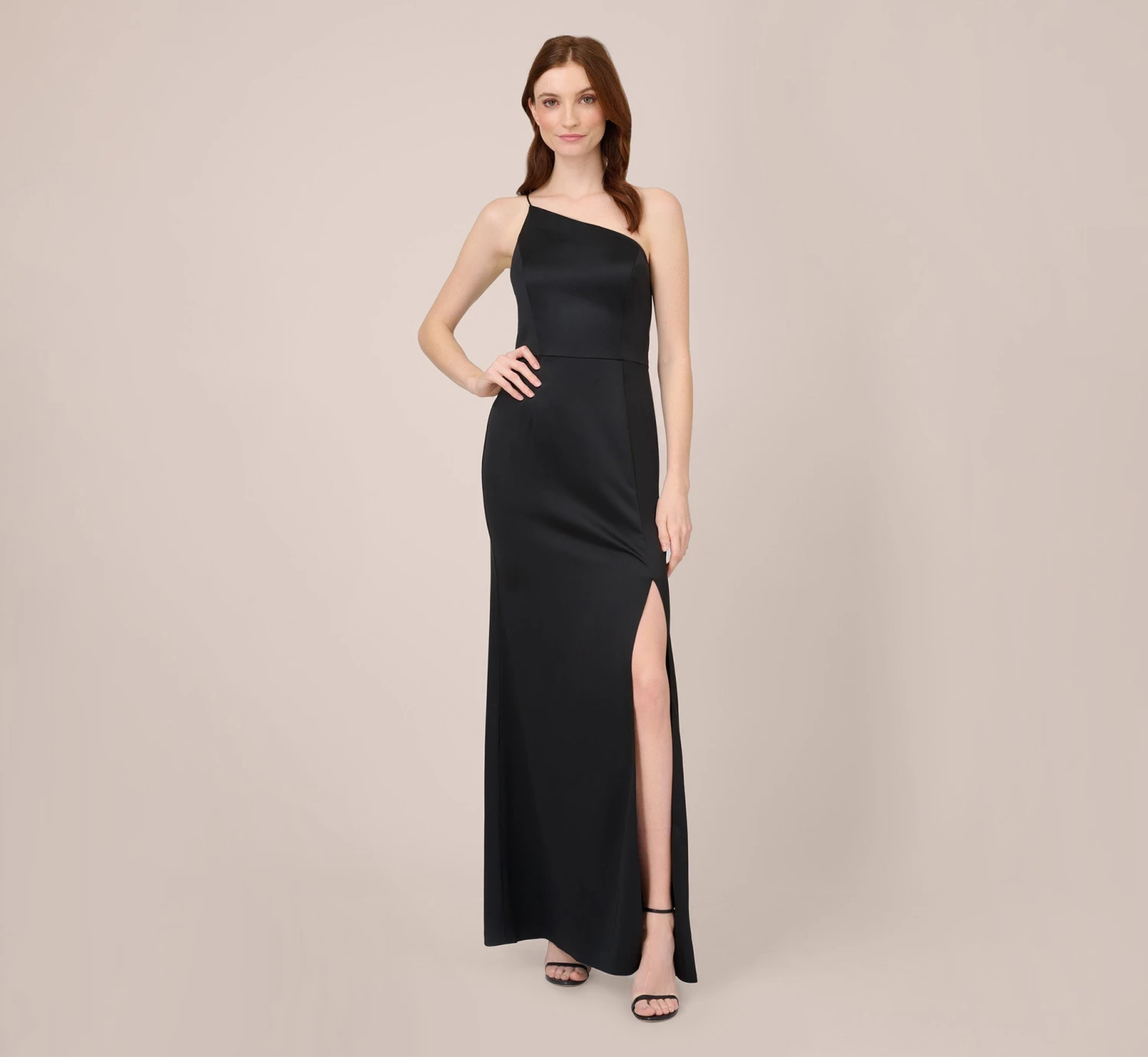 Adrianna Papell Satin Crepe One-Shoulder Long Gown In Black 1 Adrianna Papell Satin Crepe One-Shoulder Long Gown In Black