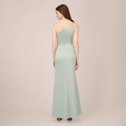 Adrianna Papell Satin Crepe One-Shoulder Long Gown In Willow 5 Adrianna Papell Satin Crepe One-Shoulder Long Gown In Willow -Glam Mirth Sales AP1E210135 AC057 Regular Back