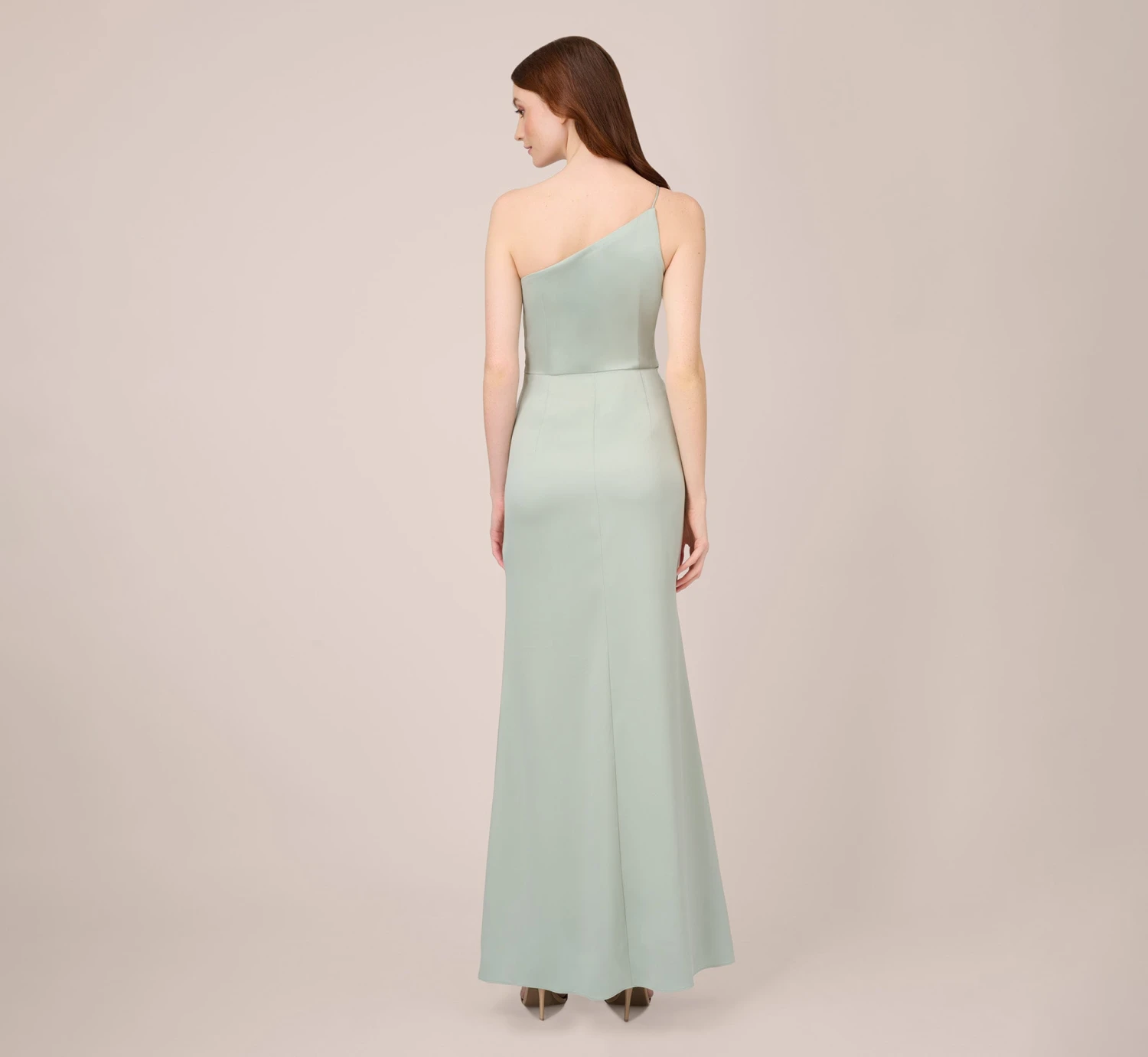 Adrianna Papell Satin Crepe One-Shoulder Long Gown In Willow 3 Adrianna Papell Satin Crepe One-Shoulder Long Gown In Willow - Image 3