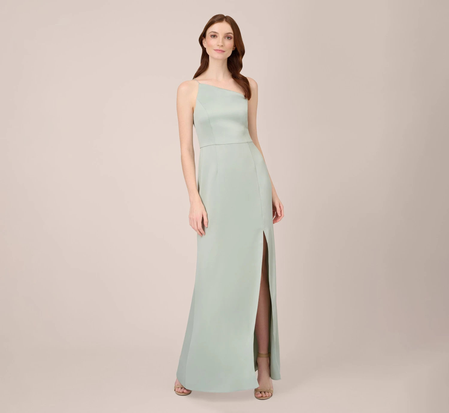 Adrianna Papell Satin Crepe One-Shoulder Long Gown In Willow 1 Adrianna Papell Satin Crepe One-Shoulder Long Gown In Willow
