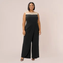 Adrianna Papell Plus Size Pearl Embellished Jersey Jumpsuit In Black