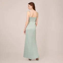 Adrianna Papell Satin Crepe Long Gown In Willow 5 Adrianna Papell Satin Crepe Long Gown In Willow -Glam Mirth Sales AP1E210154 AC057 Regular Back