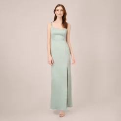 Adrianna Papell Satin Crepe Long Gown In Willow