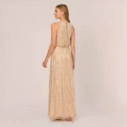 Adrianna Papell Hand-Beaded Halter Blouson Long Gown In Nude -Glam Mirth Sales AP1E210156 AB267 Regular Back 7bea590b 000e 4840 af77 343681f910d4
