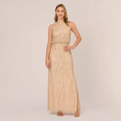 Adrianna Papell Hand-Beaded Halter Blouson Long Gown In Nude