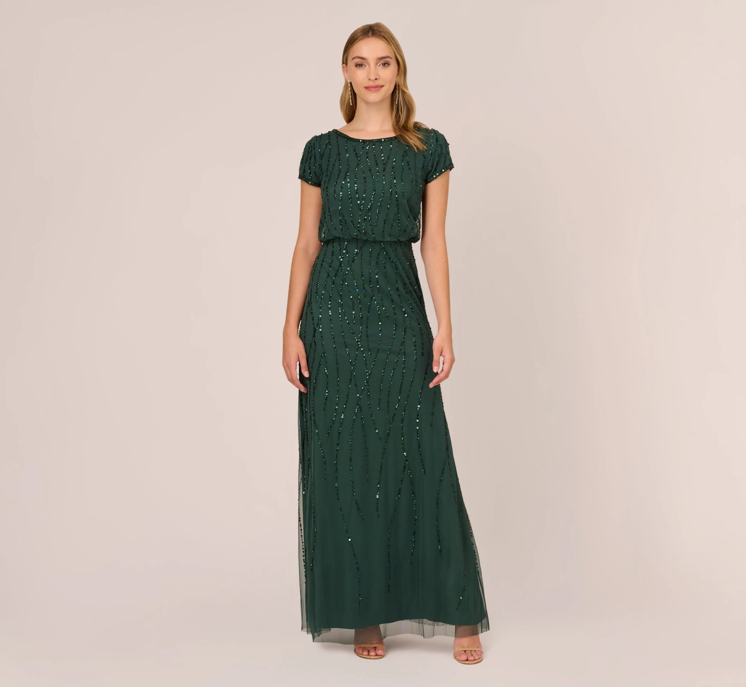 Adrianna Papell Hand-Beaded Blouson Long Gown In Dusty Emerald 2 Adrianna Papell Hand-Beaded Blouson Long Gown In Dusty Emerald - Image 2