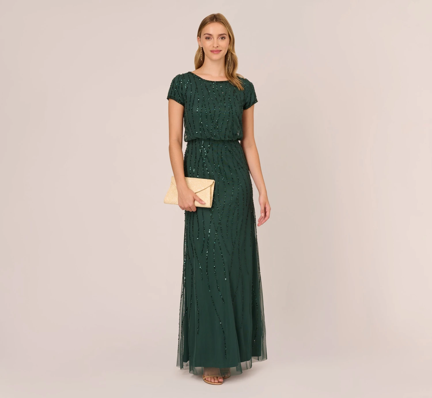 Adrianna Papell Hand-Beaded Blouson Long Gown In Dusty Emerald 1 Adrianna Papell Hand-Beaded Blouson Long Gown In Dusty Emerald