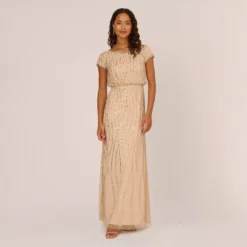 Adrianna Papell Hand-Beaded Blouson Long Gown In Nude