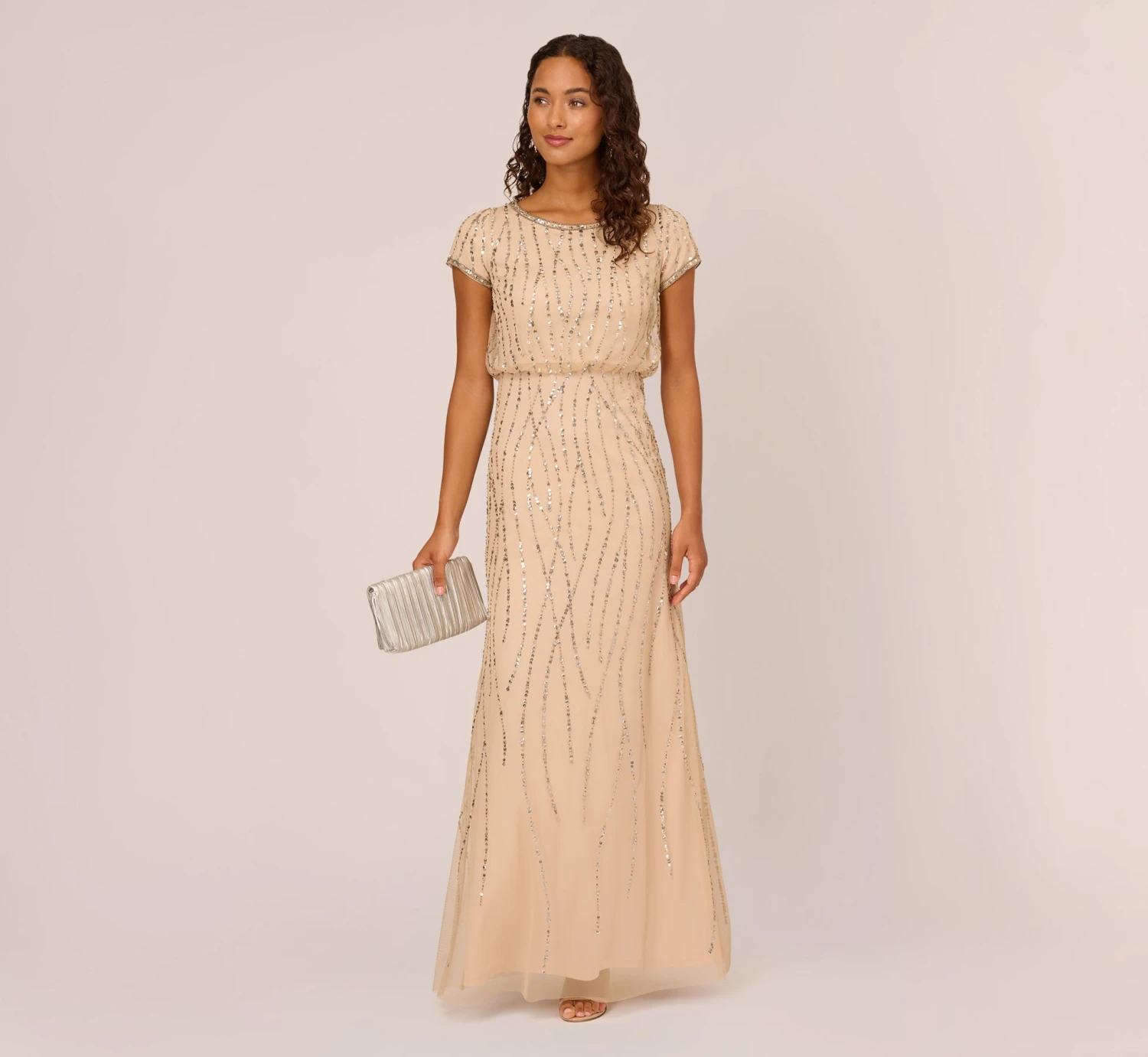 Adrianna Papell Hand-Beaded Blouson Long Gown In Nude 2 Adrianna Papell Hand-Beaded Blouson Long Gown In Nude - Image 2