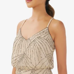 Adrianna Papell Hand-Beaded Blouson Long Sleeveless Gown In Nude -Glam Mirth Sales AP1E210158 AB267 Regular Detail