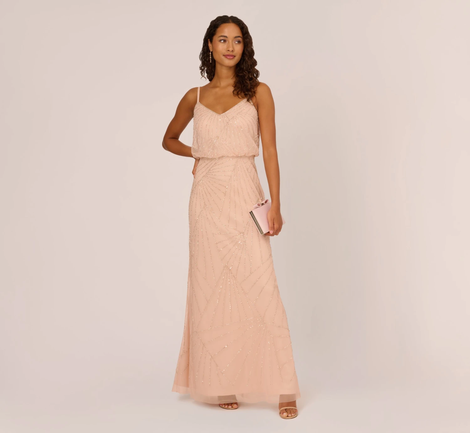 Adrianna Papell Hand-Beaded Blouson Long Sleeveless Gown In Blush 1 Adrianna Papell Hand-Beaded Blouson Long Sleeveless Gown In Blush