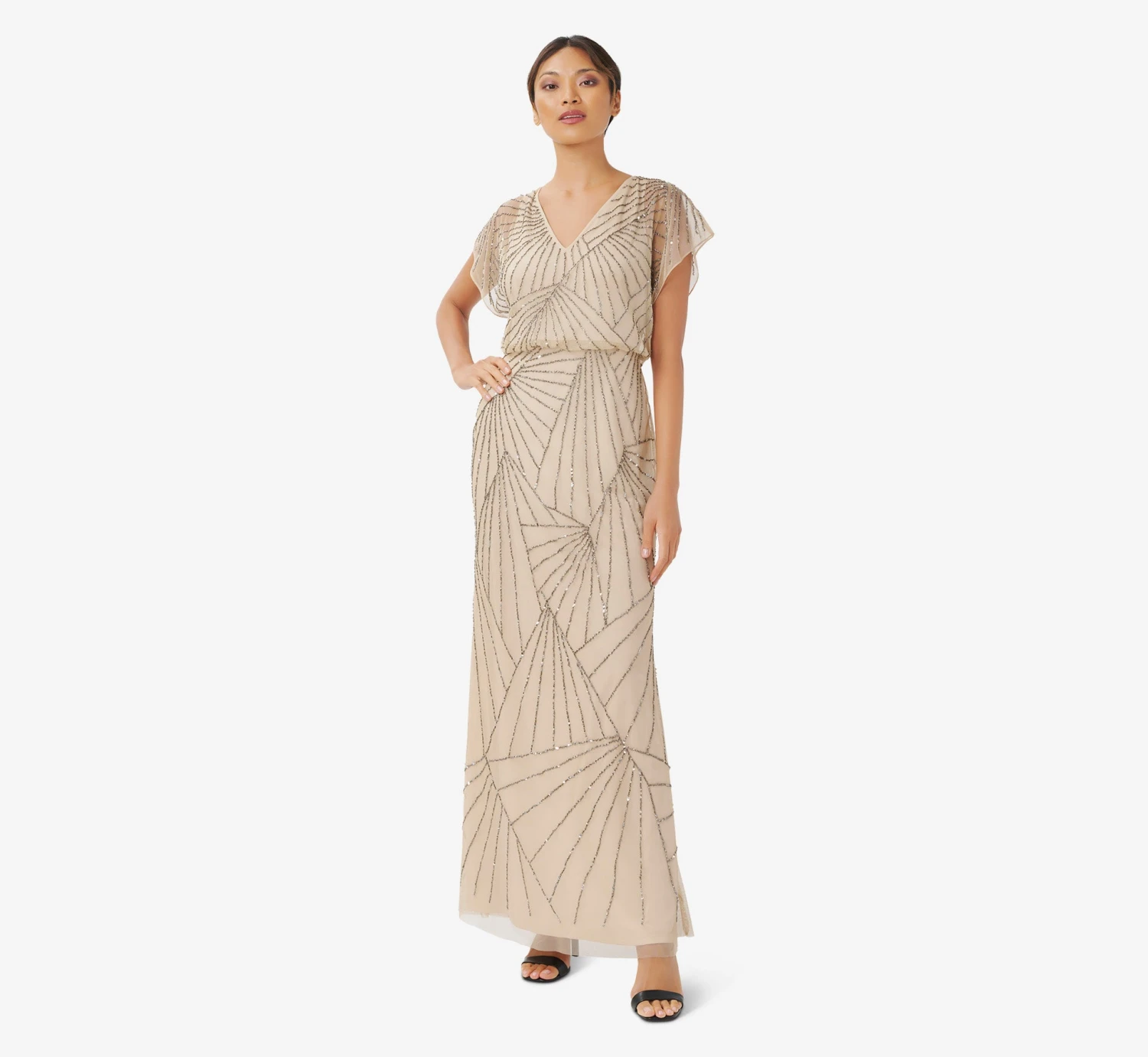 Adrianna Papell Hand-Beaded Blouson Long Gown With Flutter Sleeves In Nude 1 Adrianna Papell Hand-Beaded Blouson Long Gown With Flutter Sleeves In Nude