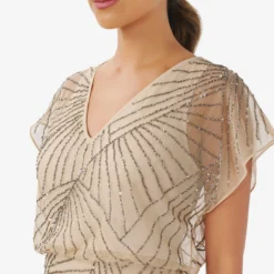 Adrianna Papell Hand-Beaded Blouson Long Gown With Flutter Sleeves In Nude 5 Adrianna Papell Hand-Beaded Blouson Long Gown With Flutter Sleeves In Nude -Glam Mirth Sales AP1E210159 AB267 Regular Detail