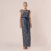 Adrianna Papell 3D Metallic Floral Embroidered Mesh Column Gown In Navy Rosegold