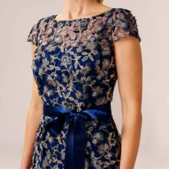 Adrianna Papell 3D Metallic Floral Embroidered Mesh Column Gown In Navy Rosegold -Glam Mirth Sales AP1E210165 AO410 Regular Detail 0232fabb a2bc 4f76 848f b839f569aad3