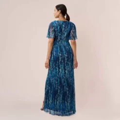 Adrianna Papell Floral-Print Metallic Crinkled Mesh Faux Wrap Long Gown In Navy Multi -Glam Mirth Sales AP1E210171 AD411 Regular Back