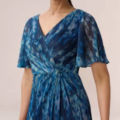 Adrianna Papell Floral-Print Metallic Crinkled Mesh Faux Wrap Long Gown In Navy Multi -Glam Mirth Sales AP1E210171 AD411 Regular Detail