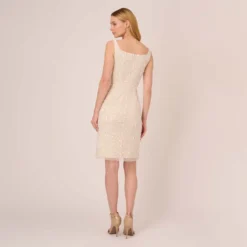 Adrianna Papell Sequin Beaded Dress With Square Neckline In Ivory Pearl 11 Adrianna Papell Sequin Beaded Dress With Square Neckline In Ivory Pearl -Glam Mirth Sales AP1E210204 AG105 Regular Back