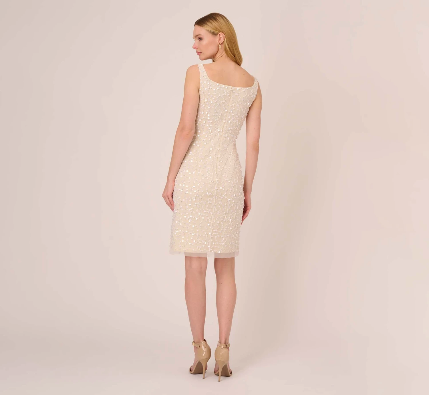 Adrianna Papell Sequin Beaded Dress With Square Neckline In Ivory Pearl 4 Adrianna Papell Sequin Beaded Dress With Square Neckline In Ivory Pearl - Image 4