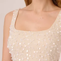 Adrianna Papell Sequin Beaded Dress With Square Neckline In Ivory Pearl 10 Adrianna Papell Sequin Beaded Dress With Square Neckline In Ivory Pearl -Glam Mirth Sales AP1E210204 AG105 Regular Lifestyle