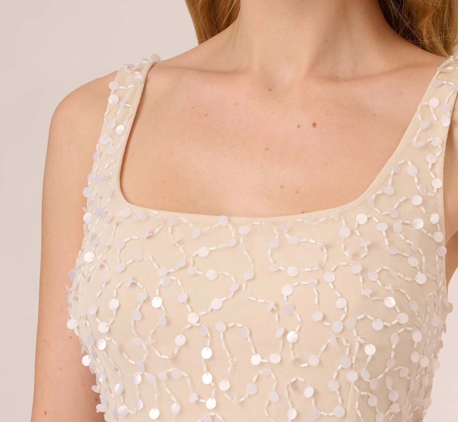 Adrianna Papell Sequin Beaded Dress With Square Neckline In Ivory Pearl 3 Adrianna Papell Sequin Beaded Dress With Square Neckline In Ivory Pearl - Image 3