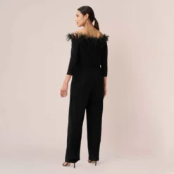 Adrianna Papell Feather-Trim Off-The-Shoulder Jersey Jumpsuit In Black 5 Adrianna Papell Feather-Trim Off-The-Shoulder Jersey Jumpsuit In Black -Glam Mirth Sales AP1E210212 AA002 Regular Back