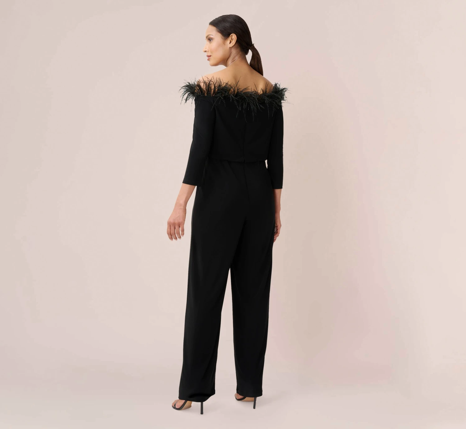 Adrianna Papell Feather-Trim Off-The-Shoulder Jersey Jumpsuit In Black 3 Adrianna Papell Feather-Trim Off-The-Shoulder Jersey Jumpsuit In Black - Image 3