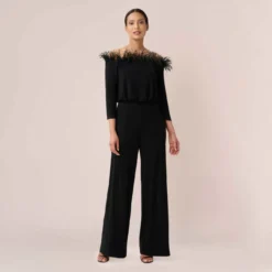 Adrianna Papell Feather-Trim Off-The-Shoulder Jersey Jumpsuit In Black
