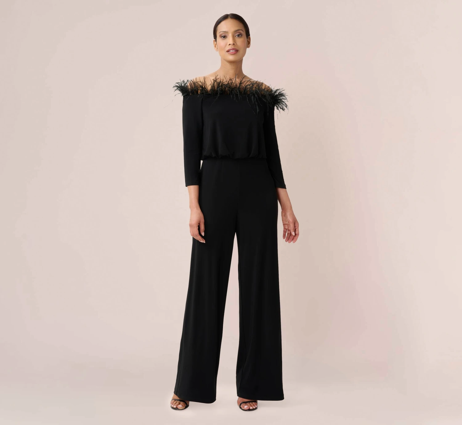 Adrianna Papell Feather-Trim Off-The-Shoulder Jersey Jumpsuit In Black 1 Adrianna Papell Feather-Trim Off-The-Shoulder Jersey Jumpsuit In Black