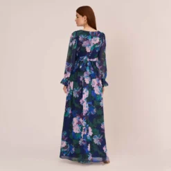 Adrianna Papell Floral-Print Long Shirred Chiffon Gown In Navy Multi 10 Adrianna Papell Floral-Print Long Shirred Chiffon Gown In Navy Multi -Glam Mirth Sales AP1E210216 AD411 Regular Back