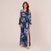 Adrianna Papell Floral-Print Long Shirred Chiffon Gown In Navy Multi