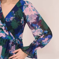 Adrianna Papell Floral-Print Long Shirred Chiffon Gown In Navy Multi 9 Adrianna Papell Floral-Print Long Shirred Chiffon Gown In Navy Multi -Glam Mirth Sales AP1E210216 AD411 Regular Detail