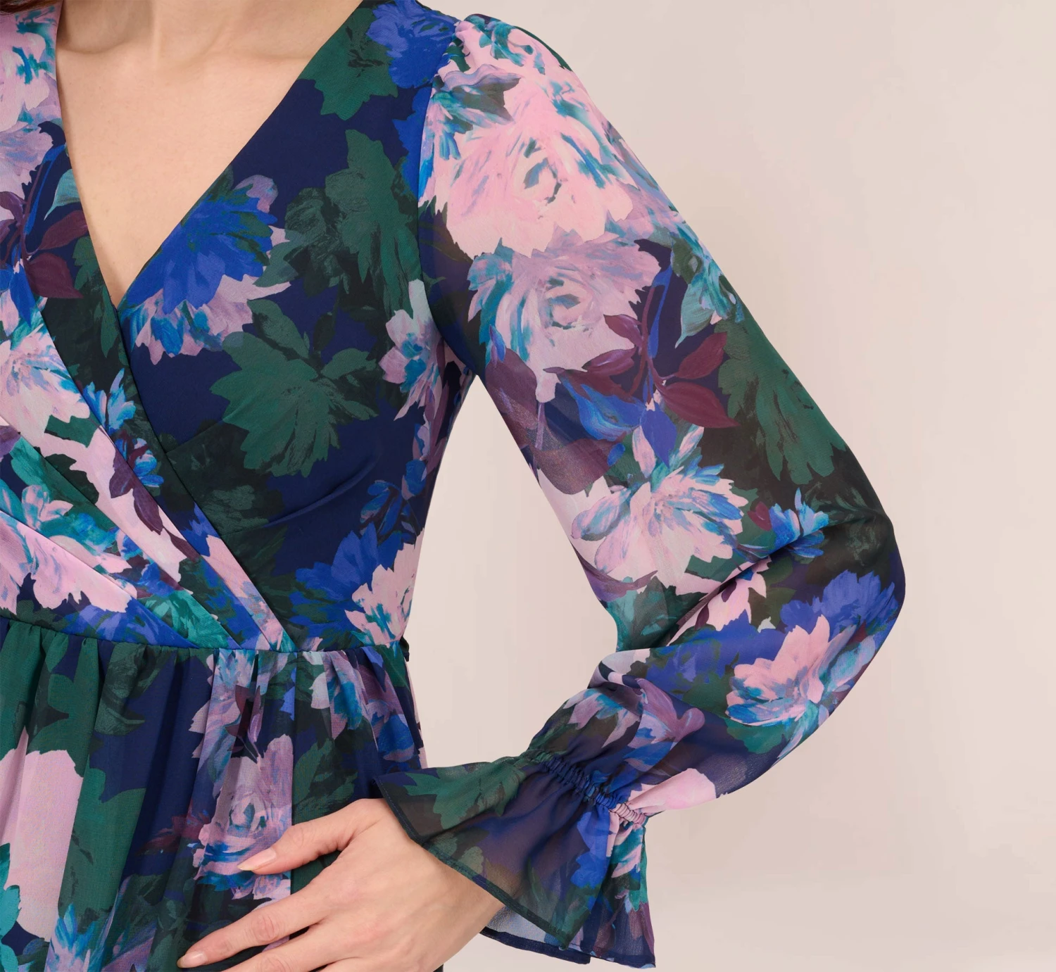 Adrianna Papell Floral-Print Long Shirred Chiffon Gown In Navy Multi 3 Adrianna Papell Floral-Print Long Shirred Chiffon Gown In Navy Multi - Image 3