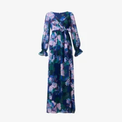 Adrianna Papell Floral-Print Long Shirred Chiffon Gown In Navy Multi 13 Adrianna Papell Floral-Print Long Shirred Chiffon Gown In Navy Multi -Glam Mirth Sales AP1E210216 AD411 Regular Flat