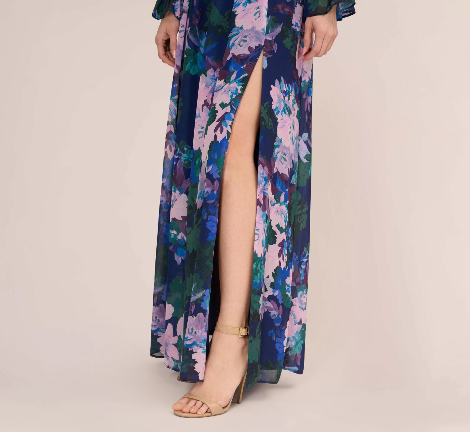 Adrianna Papell Floral-Print Long Shirred Chiffon Gown In Navy Multi 5 Adrianna Papell Floral-Print Long Shirred Chiffon Gown In Navy Multi - Image 5