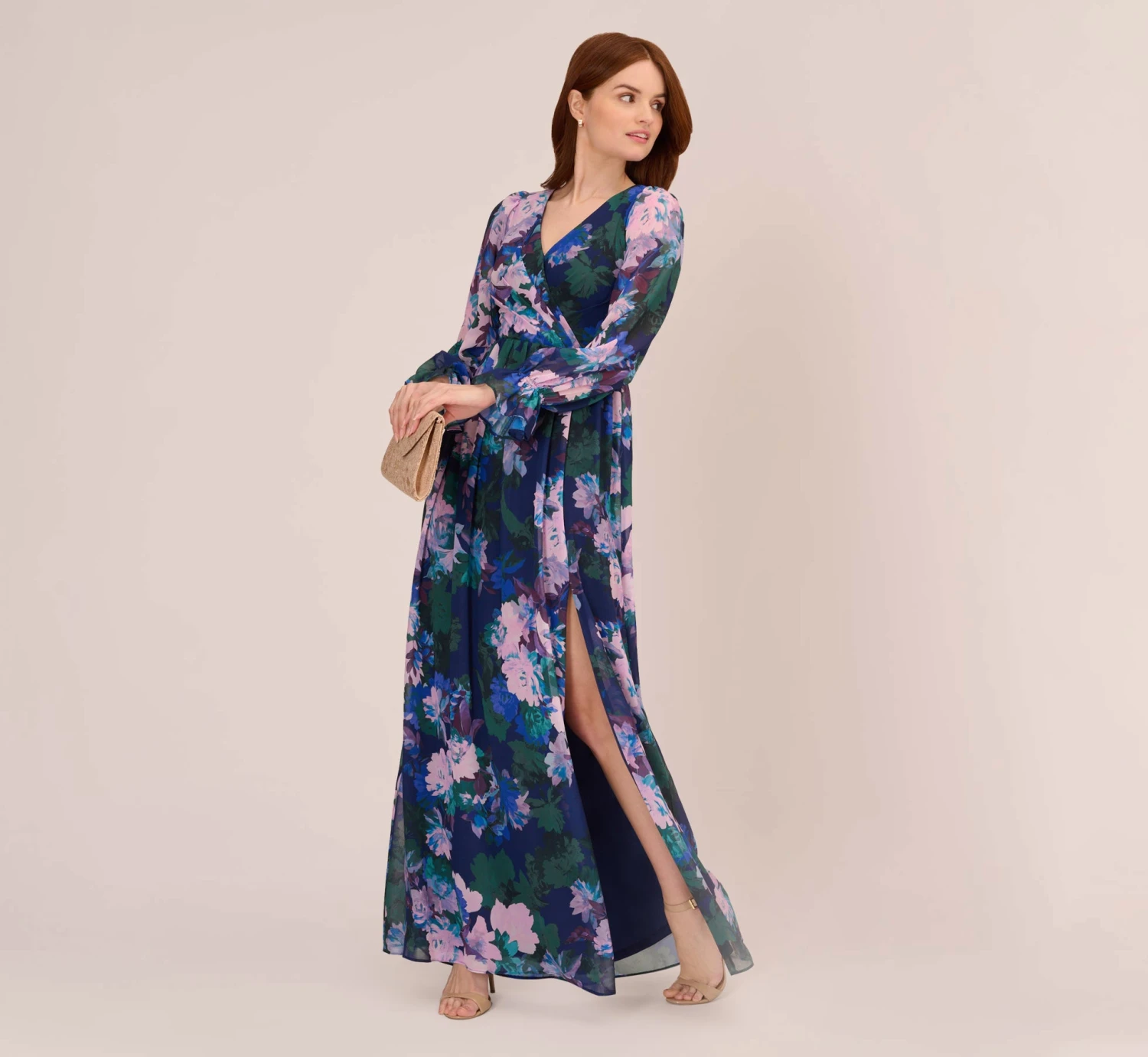 Adrianna Papell Floral-Print Long Shirred Chiffon Gown In Navy Multi 2 Adrianna Papell Floral-Print Long Shirred Chiffon Gown In Navy Multi - Image 2