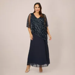 Adrianna Papell Plus Size Hand-Beaded Popover Long Dress In Midnight